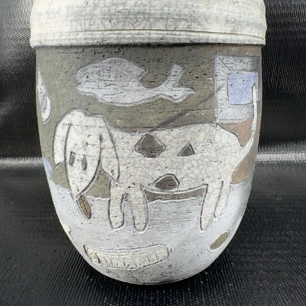Vintage Hand Made Raku Pottery Large Vase Vessel Dog‎ Fish Couch Signed READ